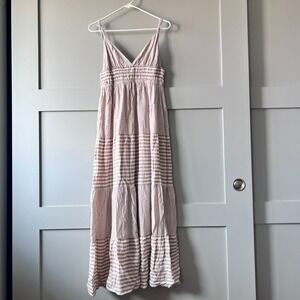 Tea Mints Women Tan White Striped Tiered Maxi Dress Smocked V-Neck Boho Beach